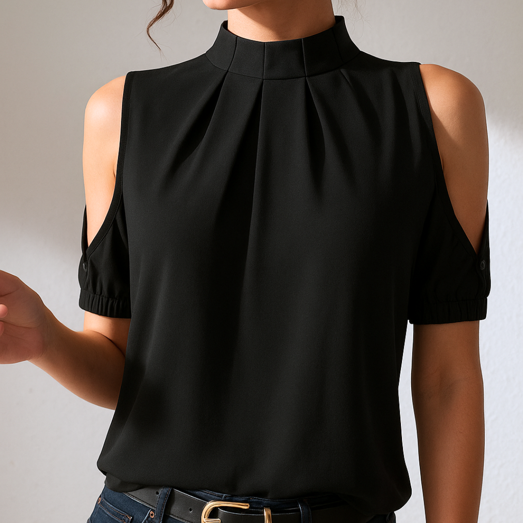 Elise – Black Pleated Blouse with Split Sleeves