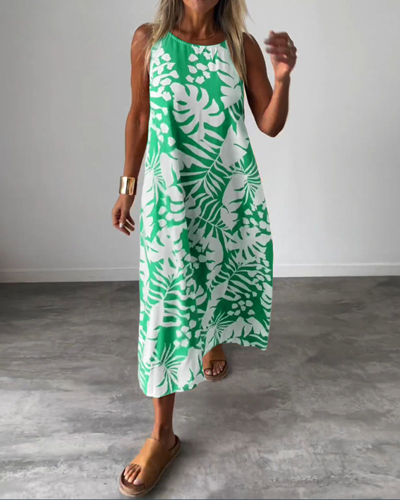 Lucy – Sleeveless Midi Dress with Leaf Print