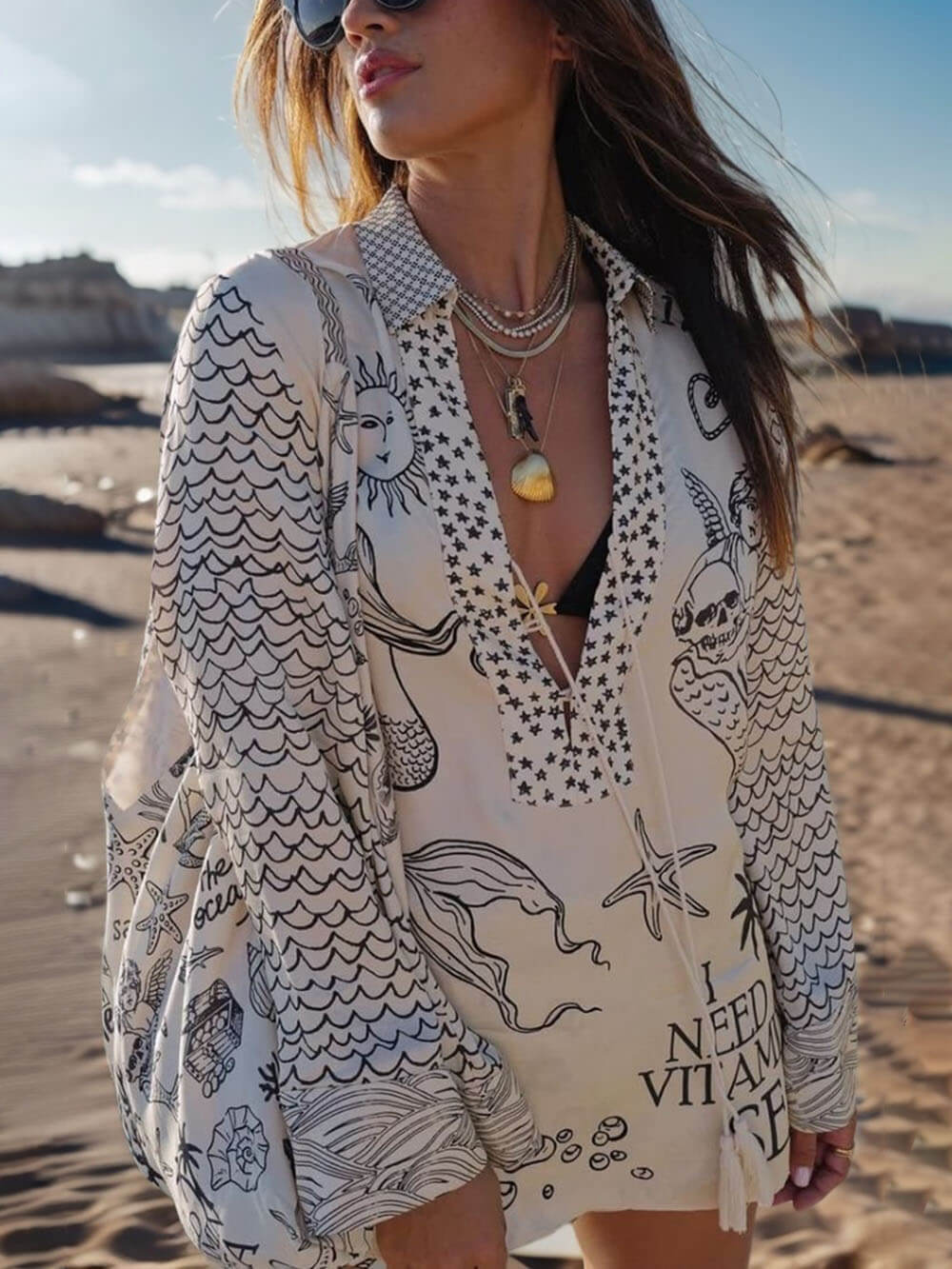 Jolie - Print Tassle Shirt and Elastic Waist Shorts Set