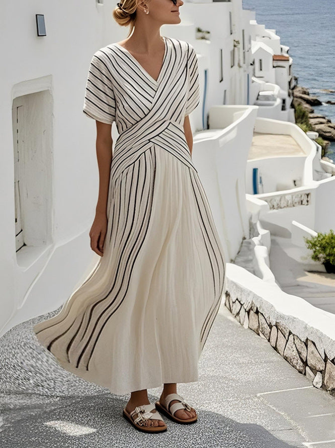 Athena – Striped Crossover Linen Dress
