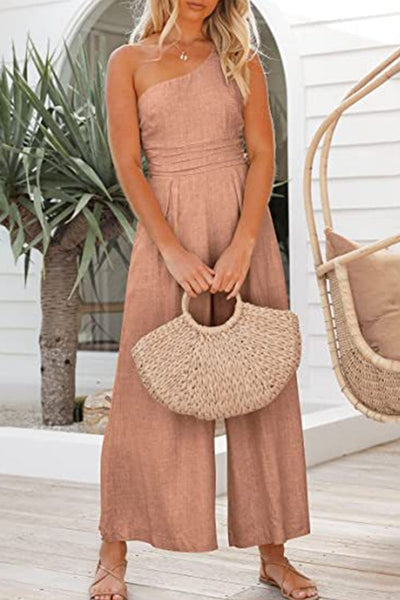 Cleo - Solid One Shoulder Wide Leg Jumpsuit