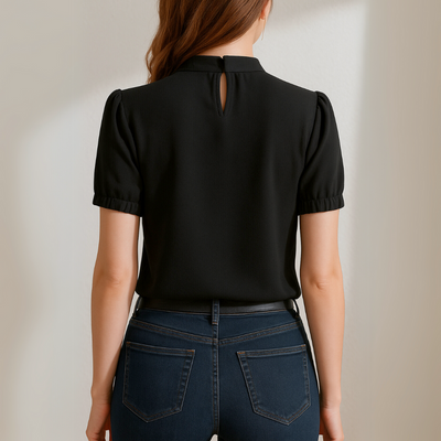 Elise – Black Pleated Blouse with Split Sleeves