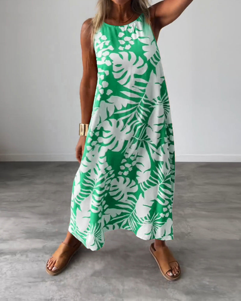 Lucy – Sleeveless Midi Dress with Leaf Print