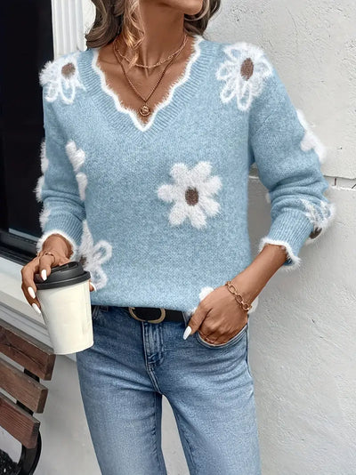 Merina - Stylish V-Neck Floral Sweater