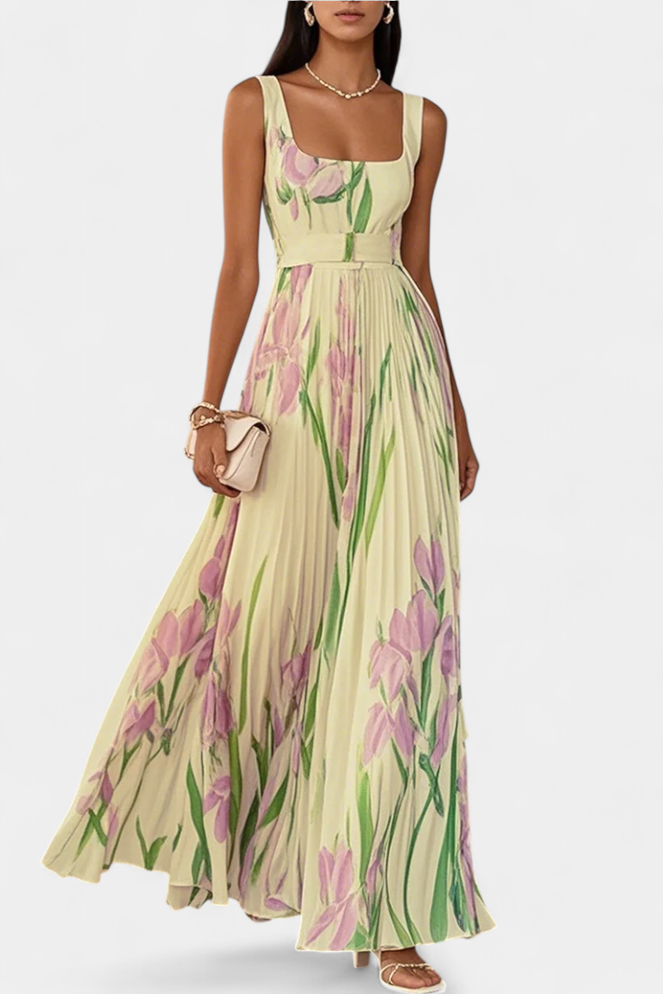 Calanthe Long Pleated Dress with Floral Print and Square Neckline