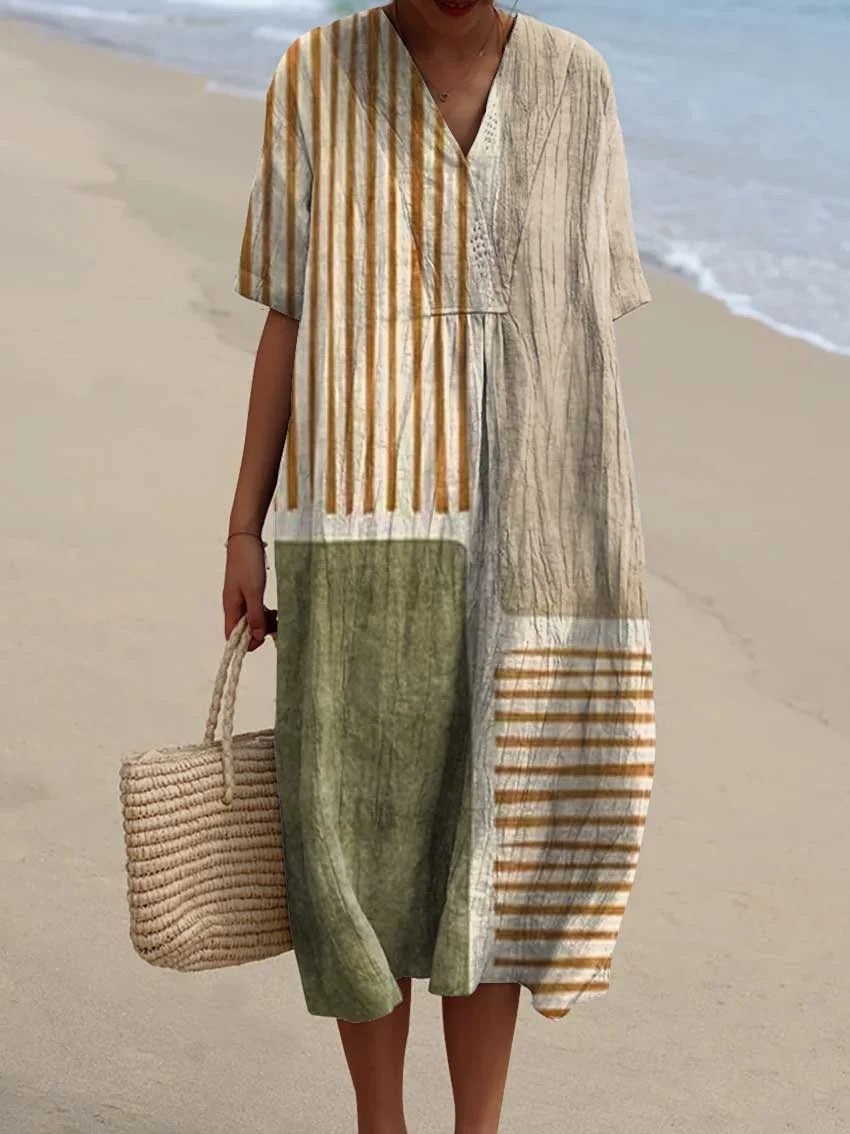 Women's Abstract Geometric Pattern Art Print Sleeveless Cotton Pocket Wrap Dress