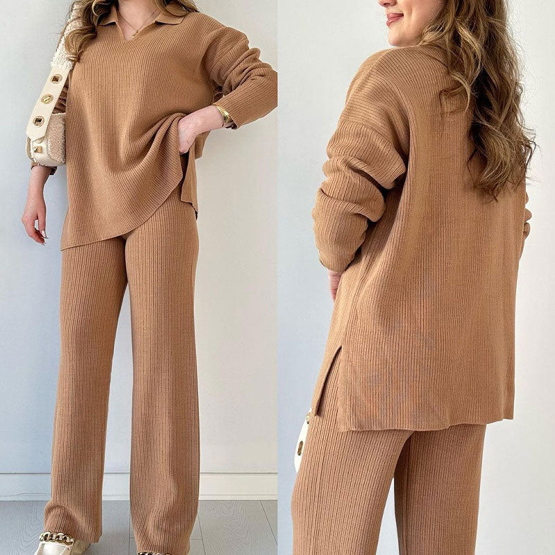 Alara - V-Neck Casual Slit Knitted Two-Piece Set