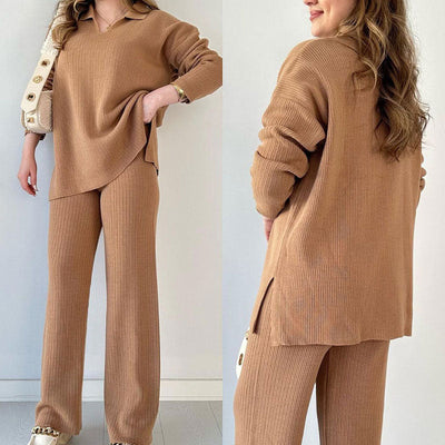 Alara - V-Neck Casual Slit Knitted Two-Piece Set