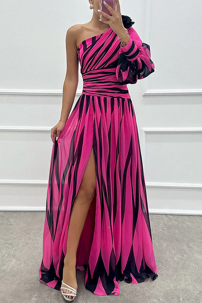 Rosalind - Elegant Striped One-Shoulder Maxi Dress