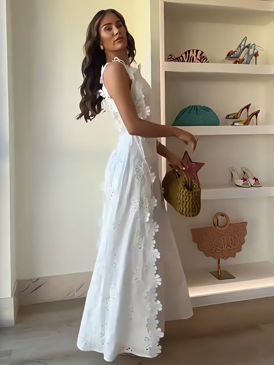 Elenora – Lace Floral Tie-Strap Maxi Dress