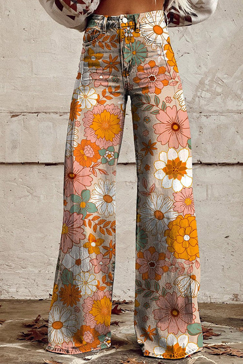 Maria - Vintage Floral Print Wide Leg Pants