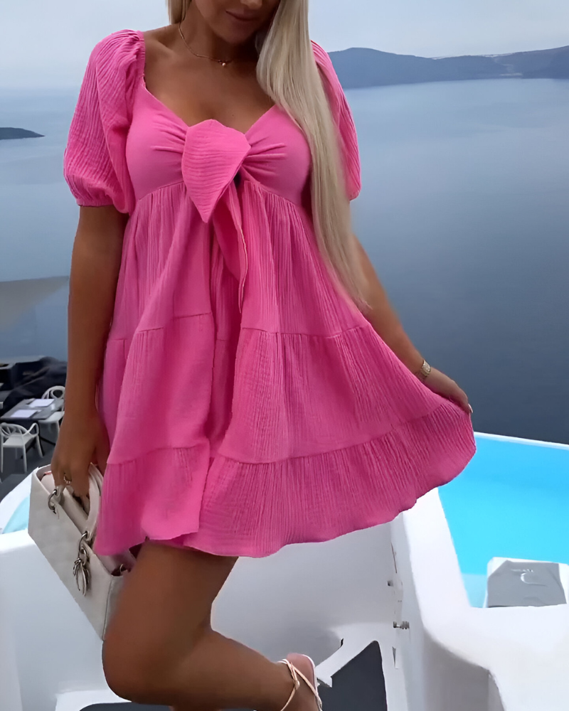 Evy - V-Neck Bow Tie Tied Dress