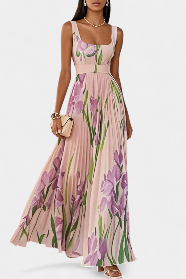 Calanthe Long Pleated Dress with Floral Print and Square Neckline