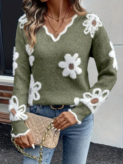 Merina - Stylish V-Neck Floral Sweater