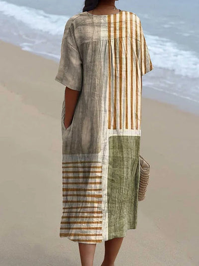 Women's Abstract Geometric Pattern Art Print Sleeveless Cotton Pocket Wrap Dress