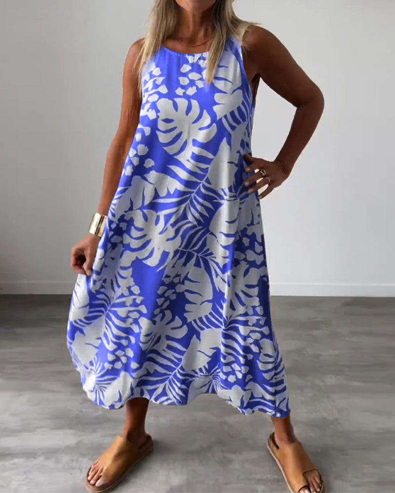 Lucy – Sleeveless Midi Dress with Leaf Print
