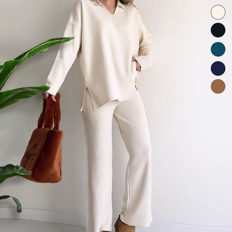 Alara - V-Neck Casual Slit Knitted Two-Piece Set