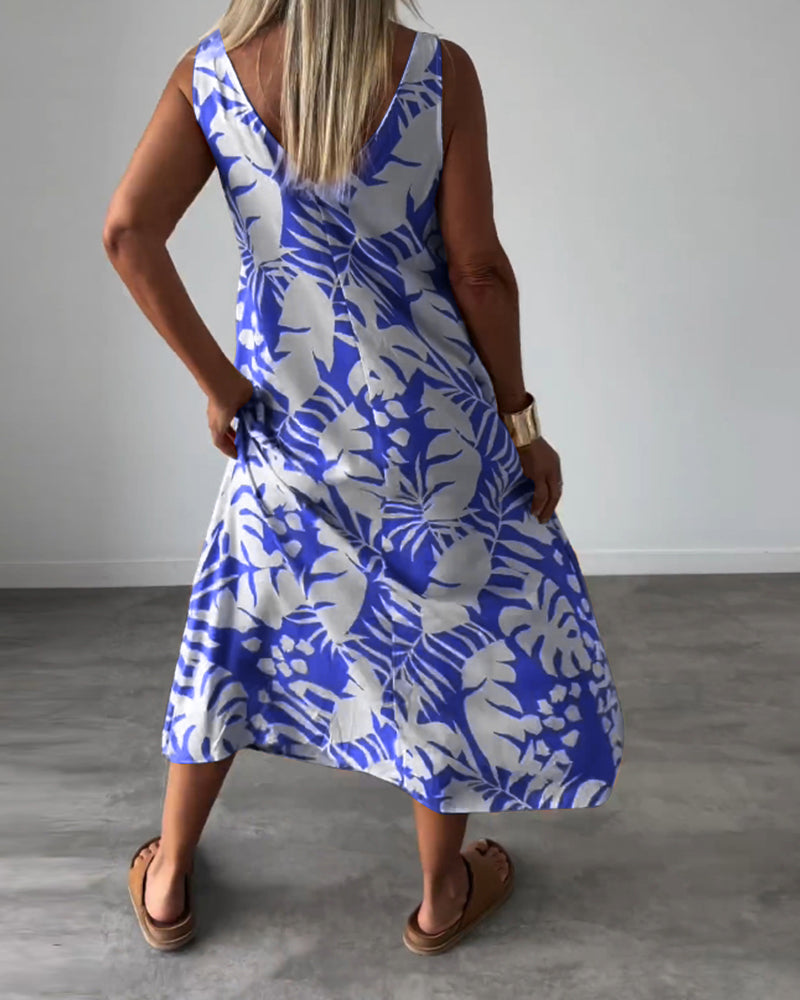 Lucy – Sleeveless Midi Dress with Leaf Print