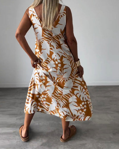 Lucy – Sleeveless Midi Dress with Leaf Print