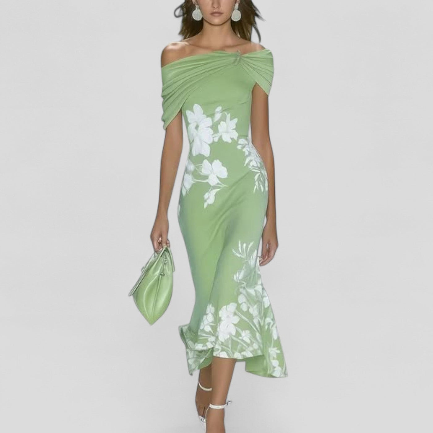 Rocela – Drape-Shoulder Floral Midi Dress