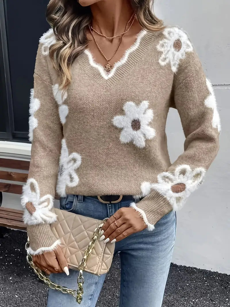 Merina - Stylish V-Neck Floral Sweater