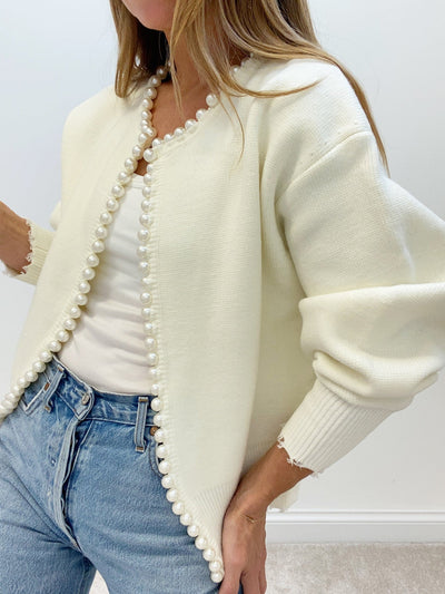 Pearla - Pearl Trim Ripped Hem Cardigan
