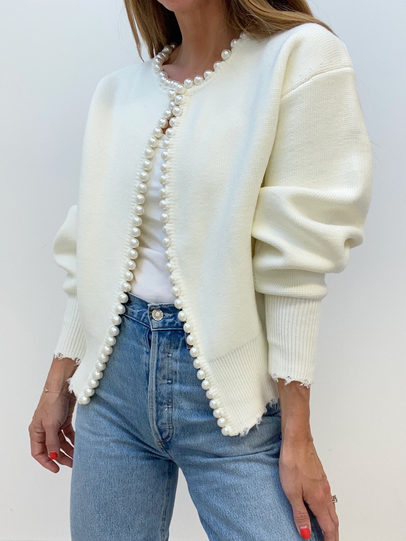 Pearla - Pearl Trim Ripped Hem Cardigan