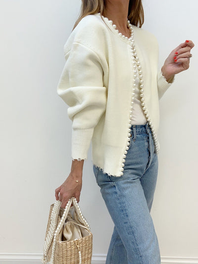 Pearla - Pearl Trim Ripped Hem Cardigan