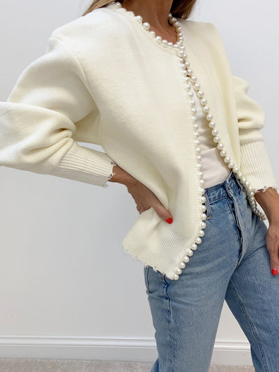 Pearla - Pearl Trim Ripped Hem Cardigan