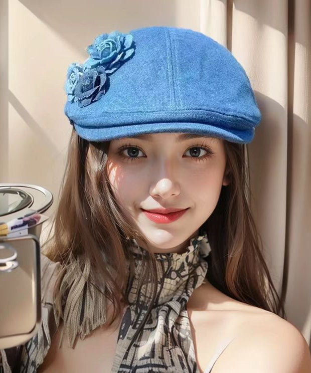 Belle - Fashion Blue Floral Versatile Denim Beret Hat