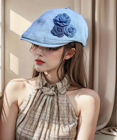 Belle - Fashion Blue Floral Versatile Denim Beret Hat