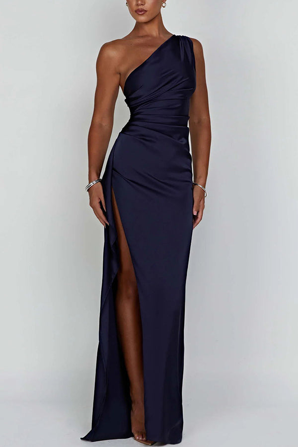 Malphina - One Shoulder Drape Slit Maxi Dress