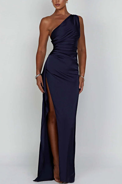 Malphina - One Shoulder Drape Slit Maxi Dress