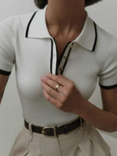 Nara - Contrast Trim Metal Button Knit Top