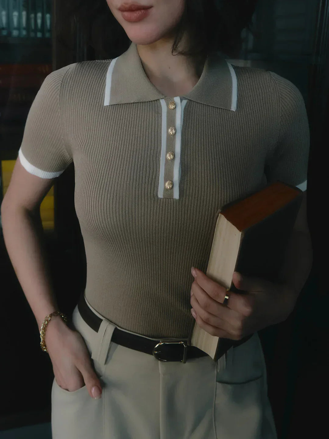 Nara - Contrast Trim Metal Button Knit Top