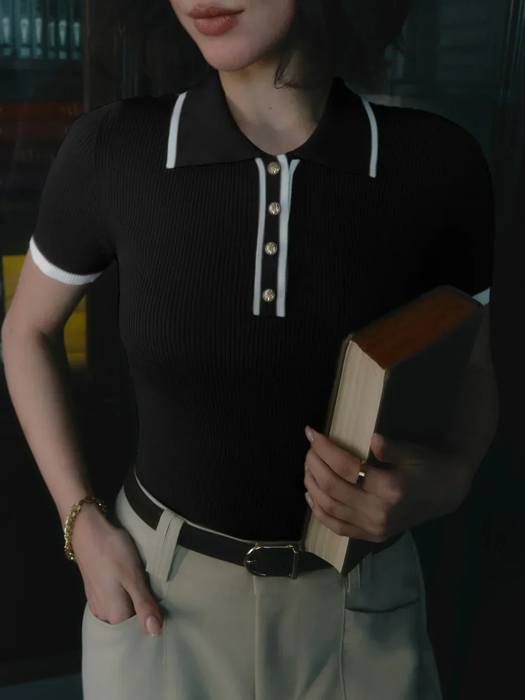 Nara - Contrast Trim Metal Button Knit Top