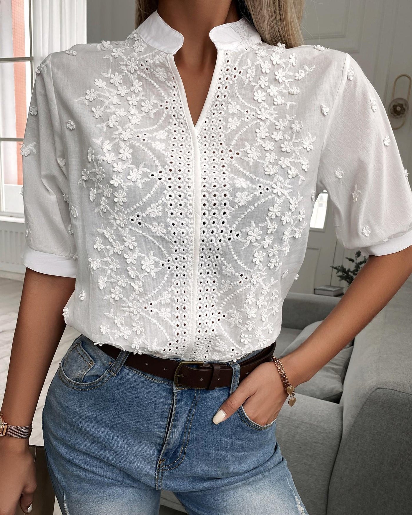 Emily – Embroidered Button-Front Blouse