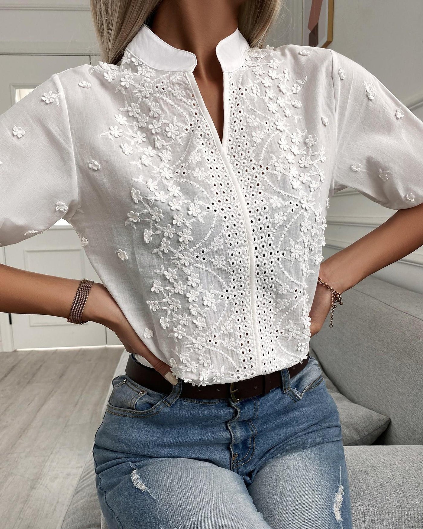 Emily – Embroidered Button-Front Blouse