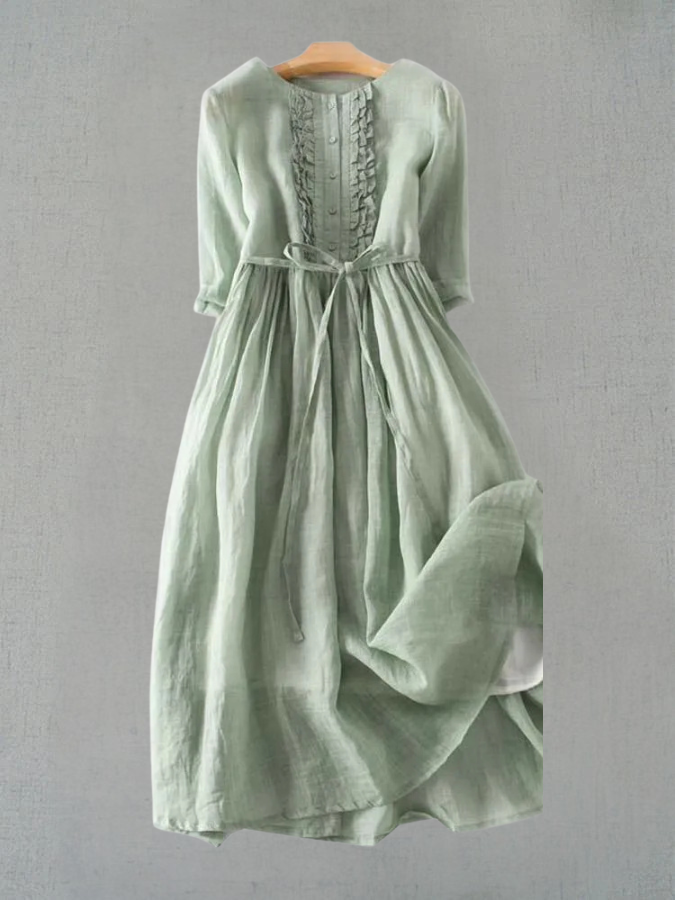 Arya - Womens Art Retro Round Neck Lace Up Waist Dress