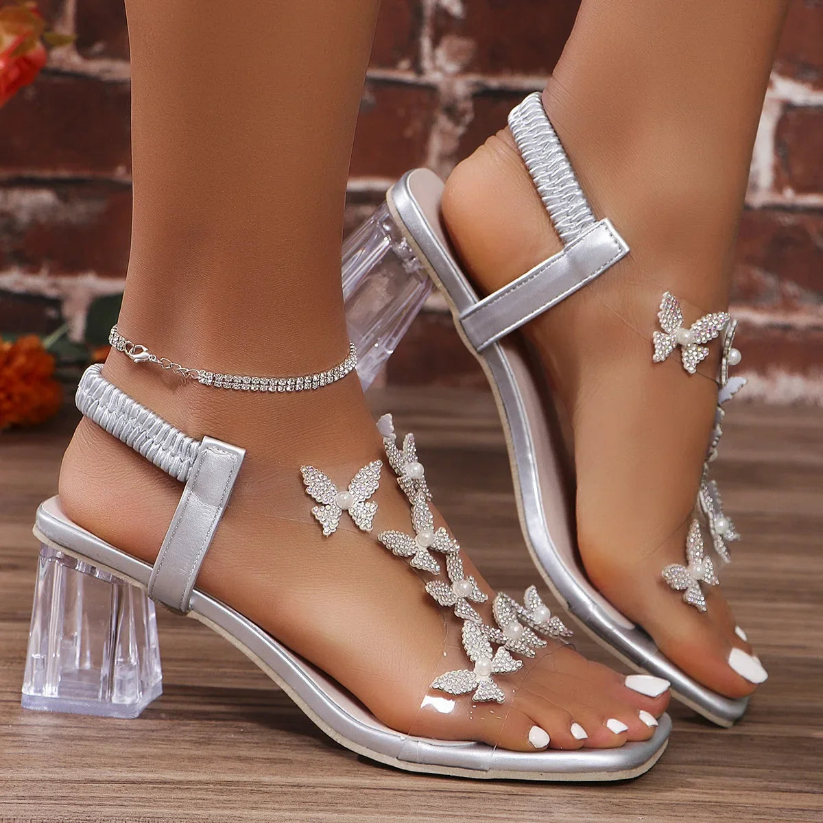 Darina - Crystal Butterfly Block-Heel Sandals