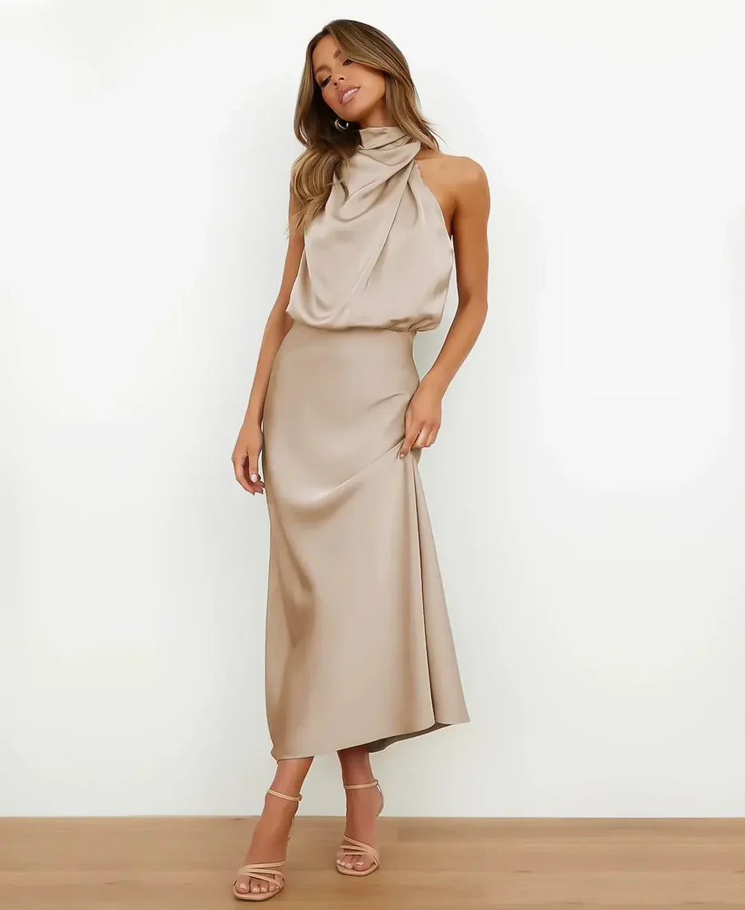 Celestine – Graceful High-Waist Midi Dress
