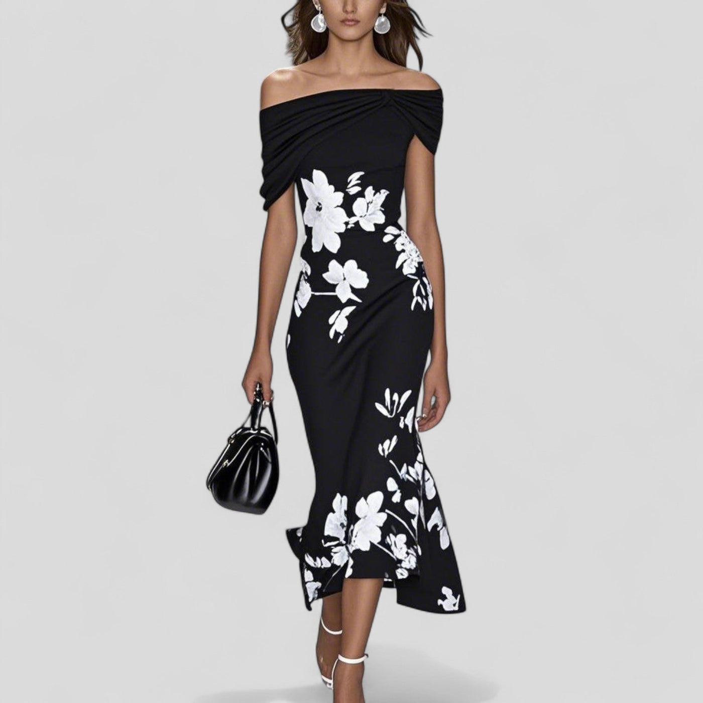 Rocela – Drape-Shoulder Floral Midi Dress