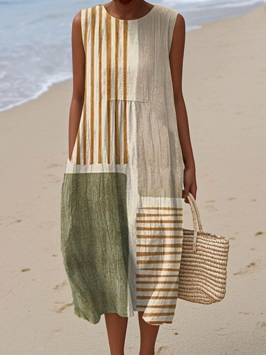 Women's Abstract Geometric Pattern Art Print Sleeveless Cotton Pocket Wrap Dress