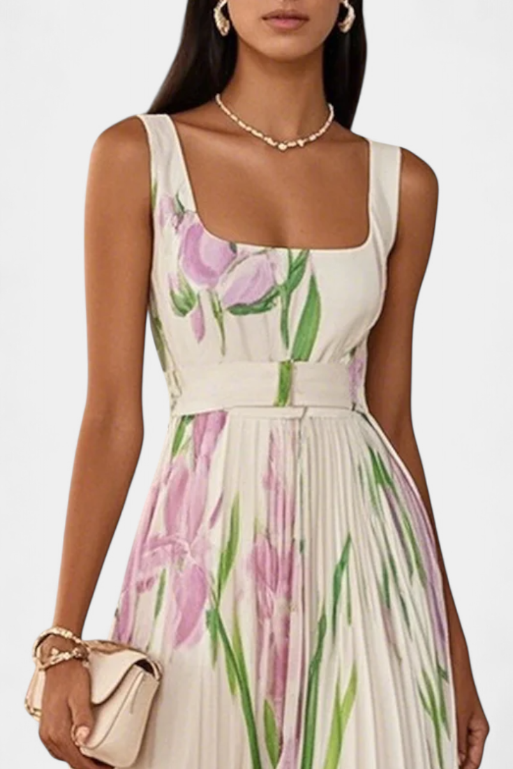 Calanthe Long Pleated Dress with Floral Print and Square Neckline