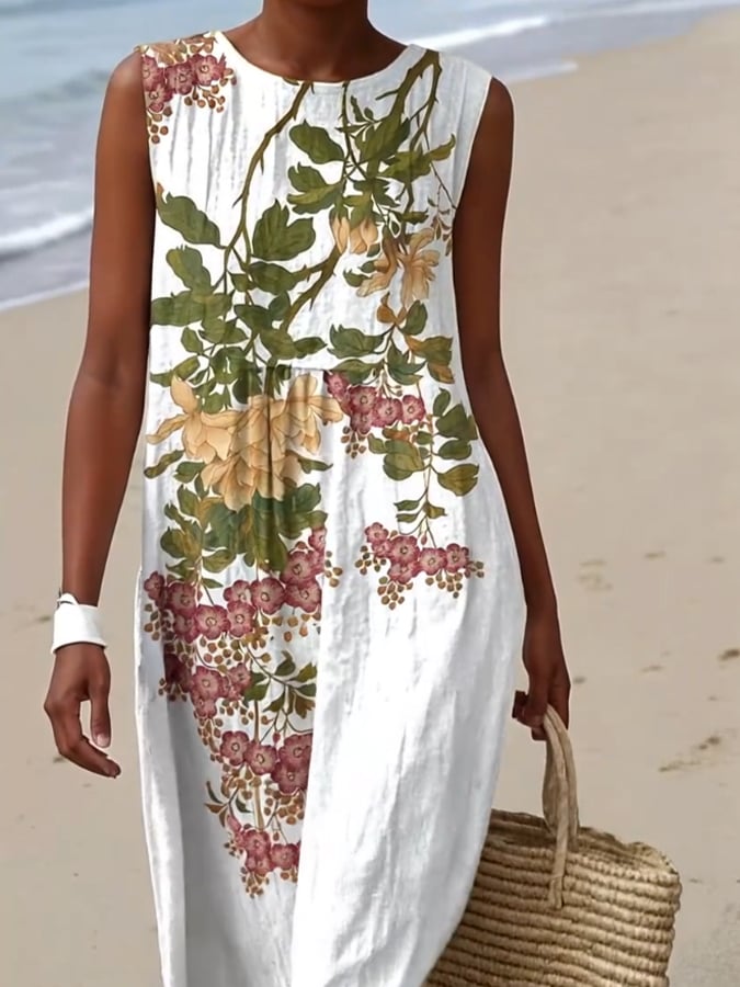 Women's Casual Floral Printed Round Neck Sleeveless Dress