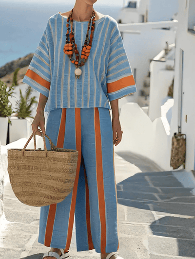 Elwira - Trendy Contrast Striped Loose Pants Set