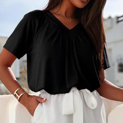 Gisella - Casual Pleated V-Neck Short-Sleeve Top