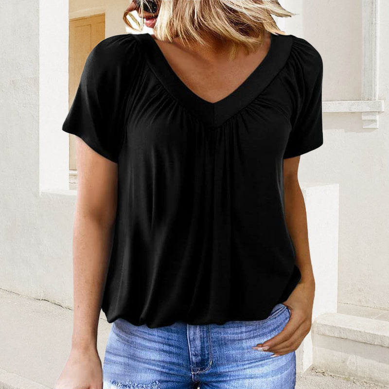 Gisella - Casual Pleated V-Neck Short-Sleeve Top