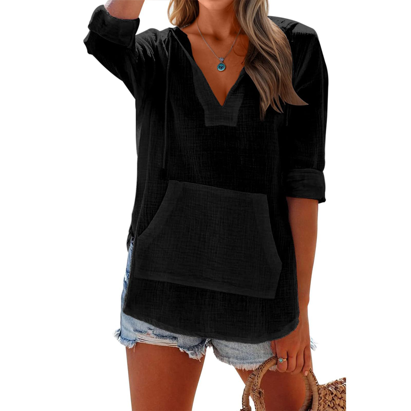 Akari - V-Neck Long Sleeve Hooded Top with Pocket