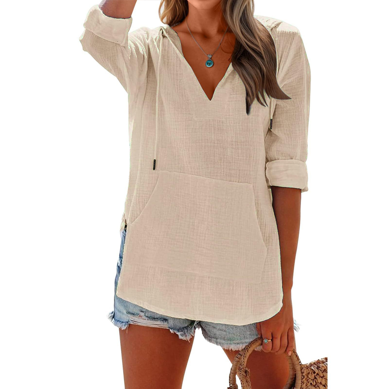 Akari - V-Neck Long Sleeve Hooded Top with Pocket